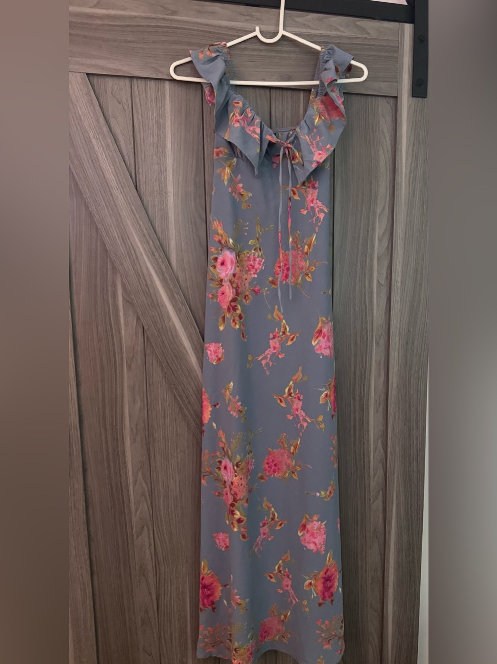 wild fable Slate Blue Floral Ruffle-Trim Maxi Dress